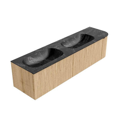 MONDIAZ KURVE-DLUX meuble de salle de bains 175cm avec module 25 R couleur Chêne avec 2 tiroirs et 1 porte. Plan-vasque STOR SMALL double / gauche sans trou de robinet couleur Lava.