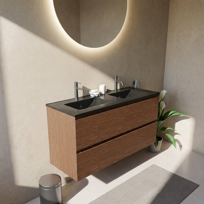 Saniclass Holz Pure Ensemble de meubles de salle de bains - 120x45x62cm - Vygo lavabo en céramique noir - 2 vasques - 2 trous de robinetterie - 4 tiroirs - mat walnut pure (bois)