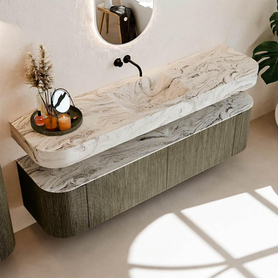 MONDIAZ THOR-DLUX 180cm meuble de salle de bains arrondi gauche + droite couleur Shadow avec 2 tiroirs et 2 portes. Vasque suspendue CLOUD Milieu sans trou de robinet couleur Glace.