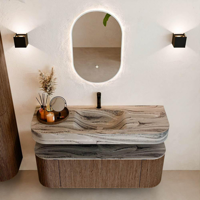 MONDIAZ THOR-DLUX 130cm badmeubel ronding links + rechts kleur Walnut met 1 lade en 2 deuren. Vrijhangende wastafel CLOUD Midden 1 kraangat kleur Sombra.