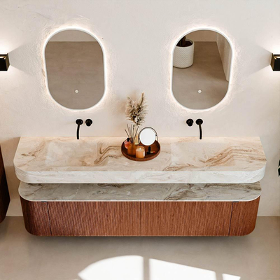 MONDIAZ THOR-DLUX 200cm meuble de salle de bains arrondi gauche + droite couleur Ruby avec 2 tiroirs et 2 portes. Vasque suspendue CLOUD Double sans trou de robinet couleur Frappe.