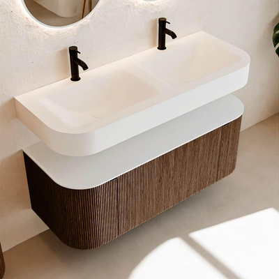 MONDIAZ THOR 120cm meuble de salle de bains arrondi gauche + droite couleur Walnut avec 1 tiroir et 2 portes. Vasque suspendue CLOUD Double 2 trous de robinet couleur Talc.