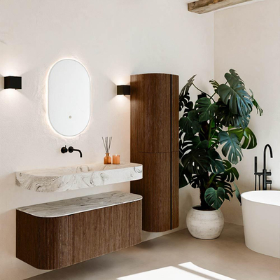 MONDIAZ THOR-DLUX 110cm badmeubel ronding links + rechts kleur Walnut met 1 lade en 2 deuren. Vrijhangende wastafel CLOUD Midden zonder kraangat kleur Glace.