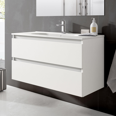 Saniclass Chaci Ensemble meuble de salle de bains - 100x46x55cm - vasque en céramique blanche - 1 lavabo ovale - 1 trou de robinetterie - 2 tiroirs - blanc mat