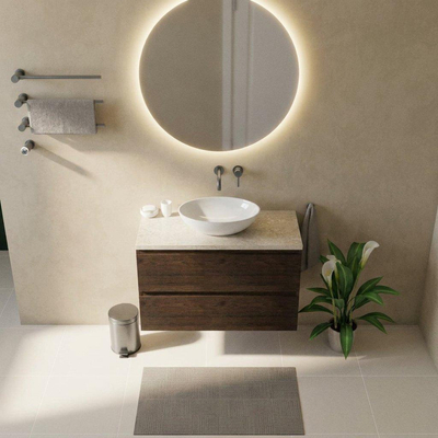 Saniclass Holz Pure Ensemble meuble de salle de bains - 100x45x63cm - Plan de travail en pierre naturelle travertin - sans trou de robinet - 2 tiroirs - chêne charcoal mat (bois)