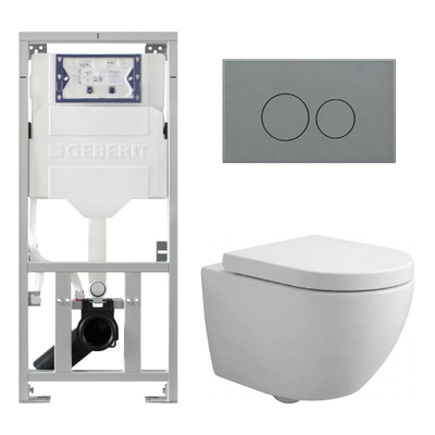 Pack WC QeramiQ Dely Swirl Compact - réservoir encastrable Geberit UP320 - avec bâti-support Burda - abattant 25 mm - plaque de commande en plastique gris clair - boutons ronds - blanc mat