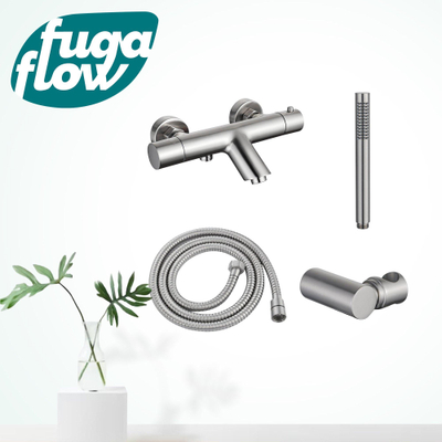 FugaFlow Eccelente Sobrado Badkamer Thermostatische badkraan met staafhanddouche, handdouchehouder en metalen doucheslang geborsteld RVS PVD