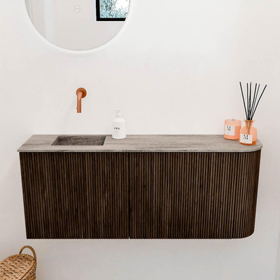 Mondiaz JOYA-DLUX 101.6cm meuble de salle de bains - arrondi droite couleur Walnut - Vasque FAYE position Gauche Sans trou de robinet couleur Oza.
