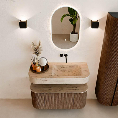 MONDIAZ THOR-DLUX 100cm meuble de salle de bains arrondi gauche + droite couleur Walnut avec 1 tiroir et 2 portes. Vasque suspendue CLOUD droite sans trou de robinet couleur Arena.