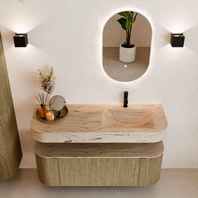 MONDIAZ THOR-DLUX 130cm meuble de salle de bains arrondi gauche + droite couleur Dusk avec 1 tiroir et 2 portes. Vasque suspendue CLOUD Droite 1 trou de robinet couleur Arena.