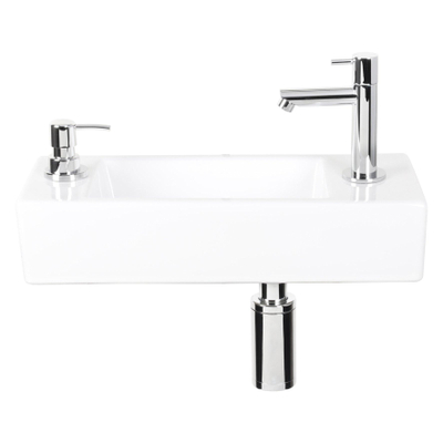 Differnz Sapon kit lave-mains - 42x18.5x9cm - Rectangulaire - 1 trou de robinet - eau chaude/froide - Chrome - Céramique Blanche