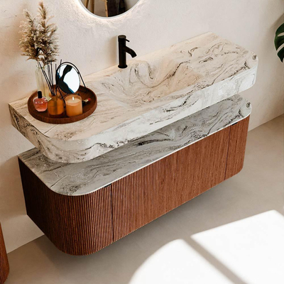 MONDIAZ THOR-DLUX 130cm meuble de salle de bains arrondi gauche + droite couleur Ruby avec 1 tiroir et 2 portes. Vasque suspendue CLOUD Milieu 1 trou de robinet couleur Glace.