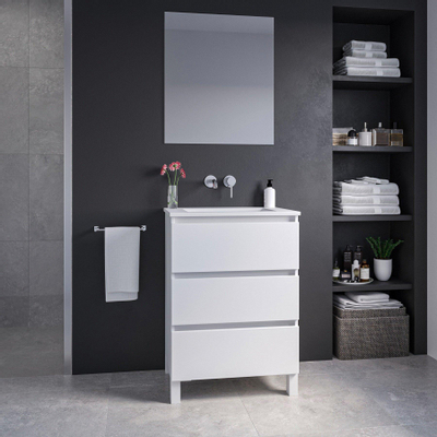 Saniclass Chaci PLUS Meuble de salle de bain - 60x86x46cm - lavabo en céramique blanc - 1 vasque - sans trous de robinet - 3 tiroirs - miroir rectangulaire - blanc mat