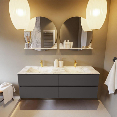 Mondiaz VICA-DLUX ensemble de meuble de salle de bain - 150cm - meuble sous-vasque gris foncé - 4 tiroirs - lavabo encastré cloud double - 2 trous de robinet - version haute de 60cm - glace