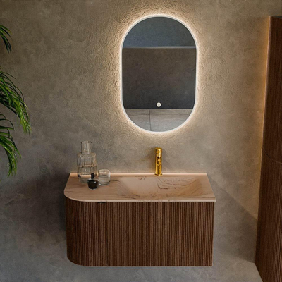 MONDIAZ KURVE-DLUX Meuble de salle de bains 85 cm arrondi à gauche couleur Walnut avec 1 tiroir et 1 porte. Lavabo CLOUD à droite 1 trou de robinet Arena.