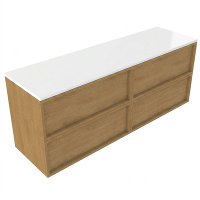 Saniclass Holz Frame Ensemble de meubles de salle de bains - 160x45x62.5cm - plan de travail Torino en solid surface blanc - sans trou de robinetterie - 4 tiroirs - chêne naturel mat (bois)