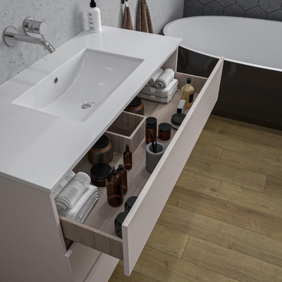 Saniclass Chaci PLUS Ensemble meuble de salle de bains - 100x86x46cm - lavabo en céramique blanc - 1 vasque - sans trou de robinet - 3 tiroirs - miroir rectangulaire - cotton mat (beige)