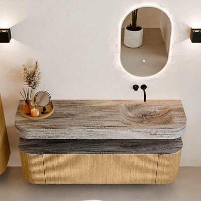 MONDIAZ THOR-DLUX 160cm badmeubel ronding links + rechts kleur Oak met 1 lade en 2 deuren. Vrijhangende wastafel CLOUD Rechts zonder kraangat kleur Oza.