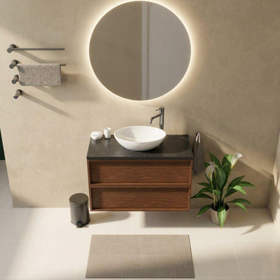Saniclass Holz Frame Ensemble meuble de salle de bains - 100x45x63cm - plan vasque en basalte Noche poli (noir) - 1 trou de robinet - 2 tiroirs - mat walnut pure (bois)