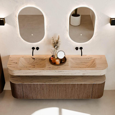 MONDIAZ THOR-DLUX 180cm badmeubel ronding links + rechts kleur Walnut met 2 lades en 2 deuren. Vrijhangende wastafel CLOUD Dubbel zonder kraangat kleur Arena.