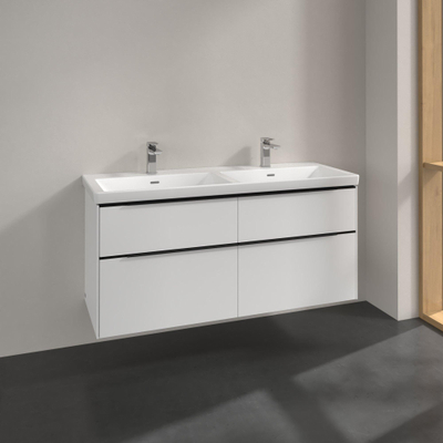 Villeroy & Boch Subway 3.0 meuble sous-lavabo - 130x55x45cm - avec poignée Volcano Black 2 découpes pour siphon à gauche et à droite panneau de particules Pure White