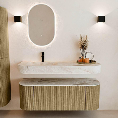 MONDIAZ THOR-DLUX 130cm meuble de salle de bains arrondi gauche + droite couleur Dusk avec 1 tiroir et 2 portes. Vasque suspendue CLOUD gauche 1 trou de robinet couleur Frappe.