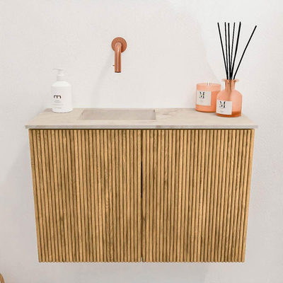 Mondiaz JOYA-DLUX 60cm toiletmeubel - kleur Oak - Wastafel FAYE positie Links Zonder kraangat kleur Frappe.