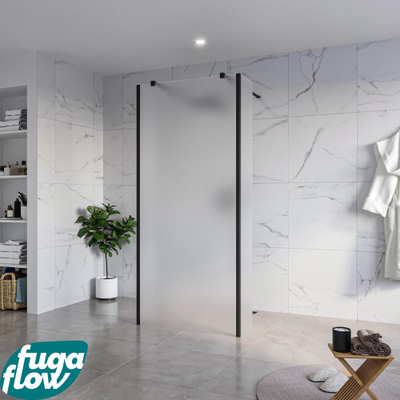 FugaFlow Eccelente Vetro Vrijstaande inloopdouche badkamer - 90x200cm - Glas mat - antikalk - 8mm veiligheidsglas - 2 zijwanden 40cm - met wandarmen en hoekprofielen - Zwart mat -