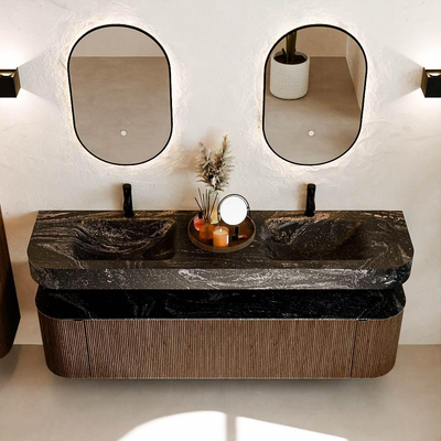 MONDIAZ THOR-DLUX 180cm badmeubel ronding links + rechts kleur Walnut met 2 lades en 2 deuren. Vrijhangende wastafel CLOUD Dubbel 2 kraangaten kleur Lava.