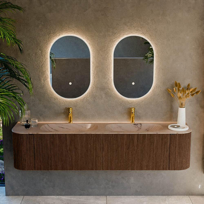 MONDIAZ KURVE-DLUX 190cm meuble de salle de bains arrondi Gauche + Droite couleur Walnut avec 2 tiroirs et 2 portes. Lavabo STOR SMALL Double 2 trous de robinet Arena.