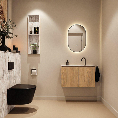 MONDIAZ TURE-DLUX Meuble toilette - 80cm - Washed Oak - EDEN - vasque Glace - position centrale - 1 trou de robinet