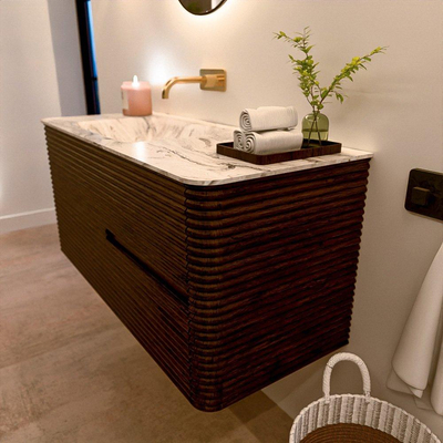 Mondiaz CIRO-DLUX Badkamermeubelset - 110x45x50cm - Solid surface wastafel Glace - 1 wasbak Links - zonder kraangaten - 2 lades - Walnut