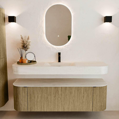 MONDIAZ THOR-DLUX 150cm meuble de salle de bains arrondi gauche + droite couleur Dusk avec 1 tiroir et 2 portes. Vasque suspendue CLOUD Milieu 1 trou de robinet couleur Meli.