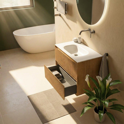 Saniclass Holz Atelier Ensemble de meubles de salle de bains - 80x45x61.5cm - Lavabo Flow en solid surface blanc - 1 vasque - sans trou de robinet - 2 tiroirs - chêne natural mat (bois)