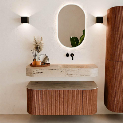 MONDIAZ THOR-DLUX 110cm meuble de salle de bains arrondi gauche + droite couleur Ruby avec 1 tiroir et 2 portes. Vasque suspendue CLOUD droite sans trou de robinet couleur Arena.