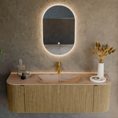 MONDIAZ KURVE-DLUX Meuble de salle de bains 140cm arrondi Gauche + Droite couleur Dusk avec 1 tiroir et 2 portes. Lavabo BIG SMALL Central 1 trou de robinet Arena.