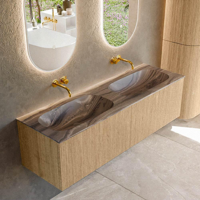 MONDIAZ KURVE-DLUX meuble de salle de bains 150cm couleur Oak avec 2 tiroirs et 0 portes. Lavabo STOR SMALL Double sans trou de robinet Sombra.