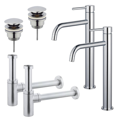 FugaFlow Eccelente Sobrado Slim Kit robinet lavabo - pour double vasque - robinet rehaussé - bonde clic clac - siphon design - Chrome brillant