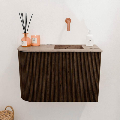 Mondiaz JOYA-DLUX 61.6cm toiletmeubel - ronding links kleur Walnut - Wastafel FAYE positie Rechts Zonder kraangat kleur Arena.