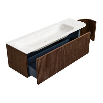 MONDIAZ KURVE-DLUX meuble de salle de bains 145 cm avec module 25 R couleur Walnut avec 1 tiroir et 1 porte. Lavabo BIG LARGE gauche sans trou de robinet couleur Ostra.