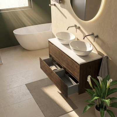 Saniclass Holz Pure Ensemble de meubles de salle de bains - 120x45x62.5cm - plan de toilette Torino en solid surface blanc - sans trou de robinetterie - 4 tiroirs - chêne charcoal mat (bois)