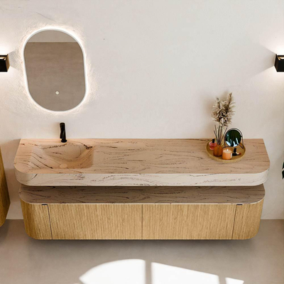 MONDIAZ THOR-DLUX 200cm meuble de salle de bains arrondi gauche + droite couleur Oak avec 2 tiroirs et 2 portes. Vasque suspendue CLOUD Gauche 1 trou de robinet couleur Arena.