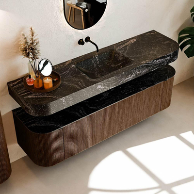 MONDIAZ THOR-DLUX 170cm meuble de salle de bains arrondi gauche + droite couleur Walnut avec 1 tiroir et 2 portes. Vasque suspendue CLOUD Milieu sans trou de robinet couleur Lava.