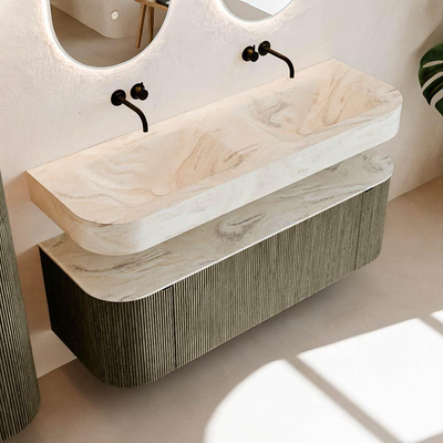 MONDIAZ THOR-DLUX 140cm meuble de salle de bains arrondi gauche + droite couleur Shadow avec 1 tiroir et 2 portes. Vasque suspendue CLOUD Double sans trou de robinet couleur Ostra.