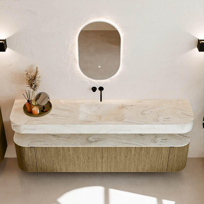 MONDIAZ THOR-DLUX 200cm meuble de salle de bains arrondi gauche + droite couleur Dusk avec 2 tiroirs et 2 portes. Vasque suspendue CLOUD Milieu sans trou de robinet couleur Ostra.