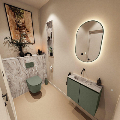 MONDIAZ TURE-DLUX Meuble toilette - 60cm - Army - EDEN - vasque Glace - position gauche - sans trou de robinet