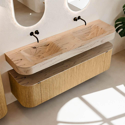 MONDIAZ THOR-DLUX 170cm badmeubel ronding links + rechts kleur Oak met 1 lade en 2 deuren. Vrijhangende wastafel CLOUD Dubbel zonder kraangat kleur Arena.