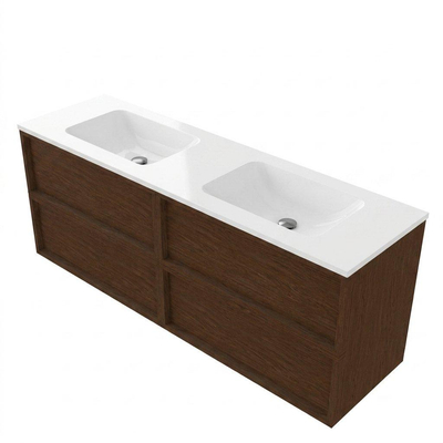 Saniclass Holz Frame Ensemble meuble de salle de bains - 160x45x77.5cm - vasque Torino en solid surface blanc - sans trou de robinetterie - 4 tiroirs - noyer pure mat (bois)