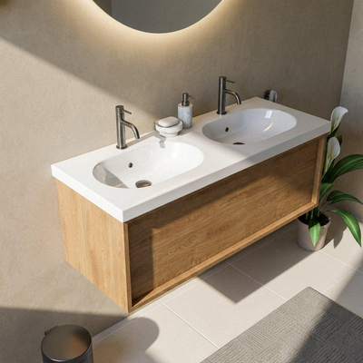 Saniclass Holz Frame Ensemble de meubles de salle de bains - 120x45x43.5cm - lavabo en céramique Palermo blanc - 2 vasques - 2 trous de robinetterie - 1 tiroir - chêne natural mat (bois)