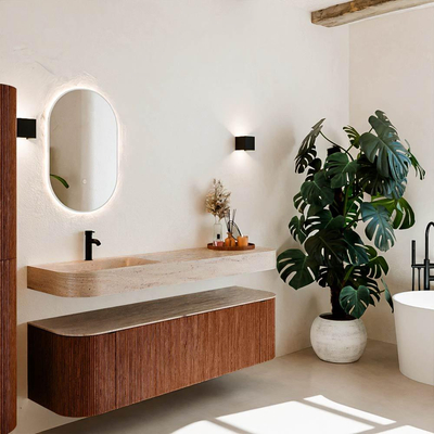 MONDIAZ THOR-DLUX 160cm meuble de salle de bains arrondi gauche + droite couleur Ruby avec 1 tiroir et 2 portes. Vasque suspendue CLOUD Gauche 1 trou de robinet couleur Saba.